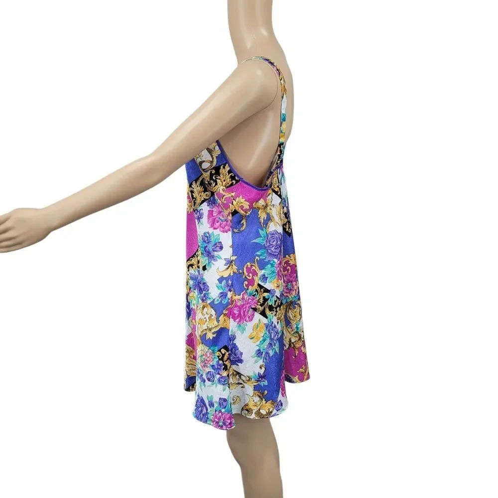Vintage Satin Floral and Baroque Print Chemsie Slip Dress and Matching Robe Set